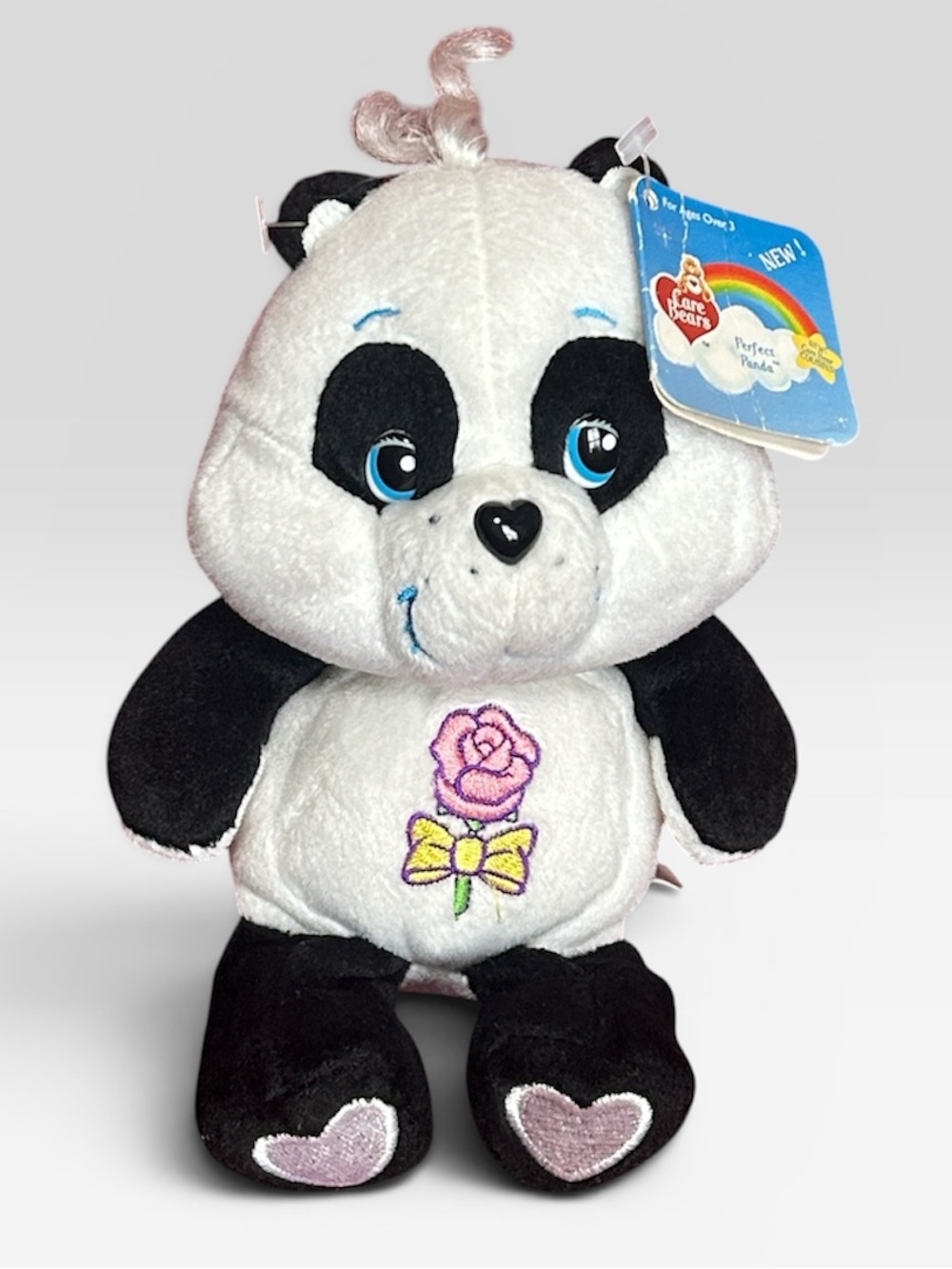 RARE Care Bears Cousin Polite Panda beanie White Black with Pink Rose Accent 8”